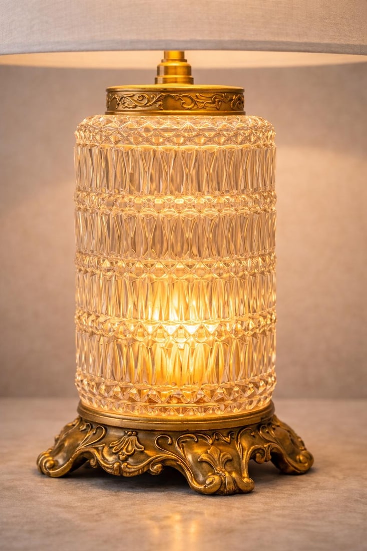 Vintage Cut Crystal & Gilt Bronze Table Lamp With Custom Neutral Linen Shade - 6