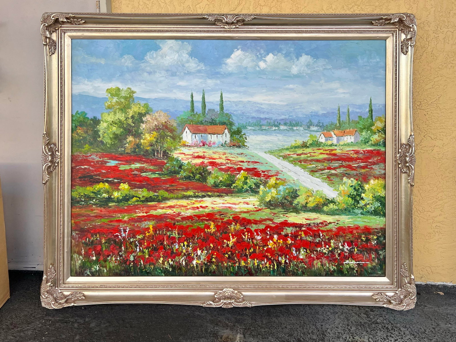 Late 20th Century Large Signed Landscape Painting With Poppy Fields - 4