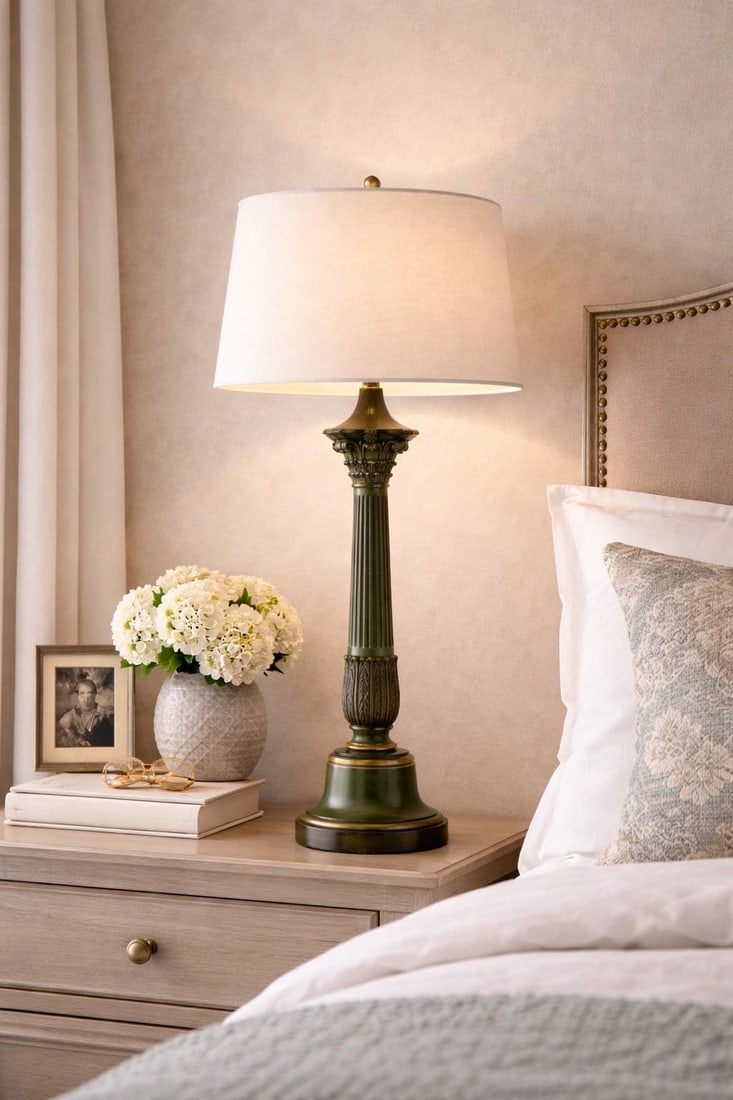 Vintage Neoclassical Green & Brass Column Table Lamp – Fluted Corinthian Style, 32" - 2