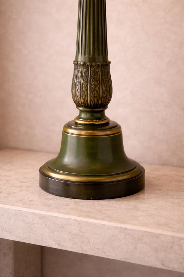 Vintage Neoclassical Green & Brass Column Table Lamp – Fluted Corinthian Style, 32" - 4