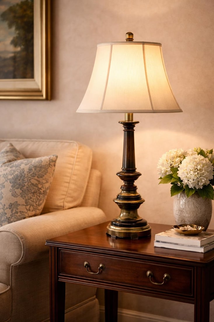 Vintage Neoclassical Hollywood Regency Table Lamp – Brass & Wood Column Form - 2