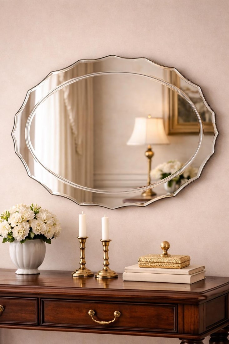 Vintage Frameless Scalloped Oval Wall Mirror With Beveled Edge - 2