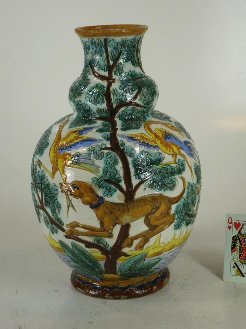 1900s Large Ceramic Vase Majolica Italian WITH 3 DOG & BIRDS Made Italy Neo-Classic - 10