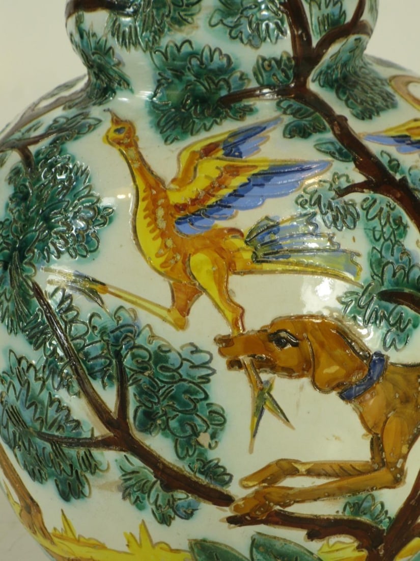 1900s Large Ceramic Vase Majolica Italian WITH 3 DOG & BIRDS Made Italy Neo-Classic - 12
