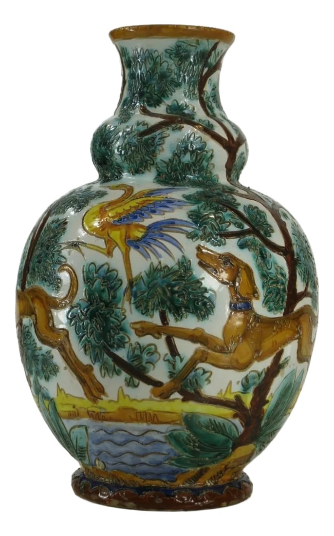 1900s Large Ceramic Vase Majolica Italian WITH 3 DOG & BIRDS Made Italy Neo-Classic: This large ceramic vase is a beautiful Italian Majolica piece featuring a Neo-Classical design with three dogs and birds. Hand-painted with a floral pattern in multicolor, this antique vase from Italy