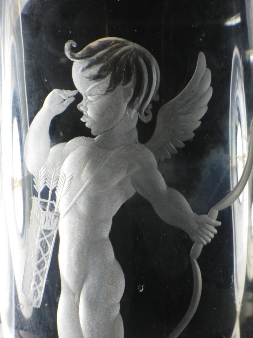 Mid 19th Century Vase Swedish Crystal Cupid Boy, 6" Engraved Naked Cherub, Kjellander Glass - 2