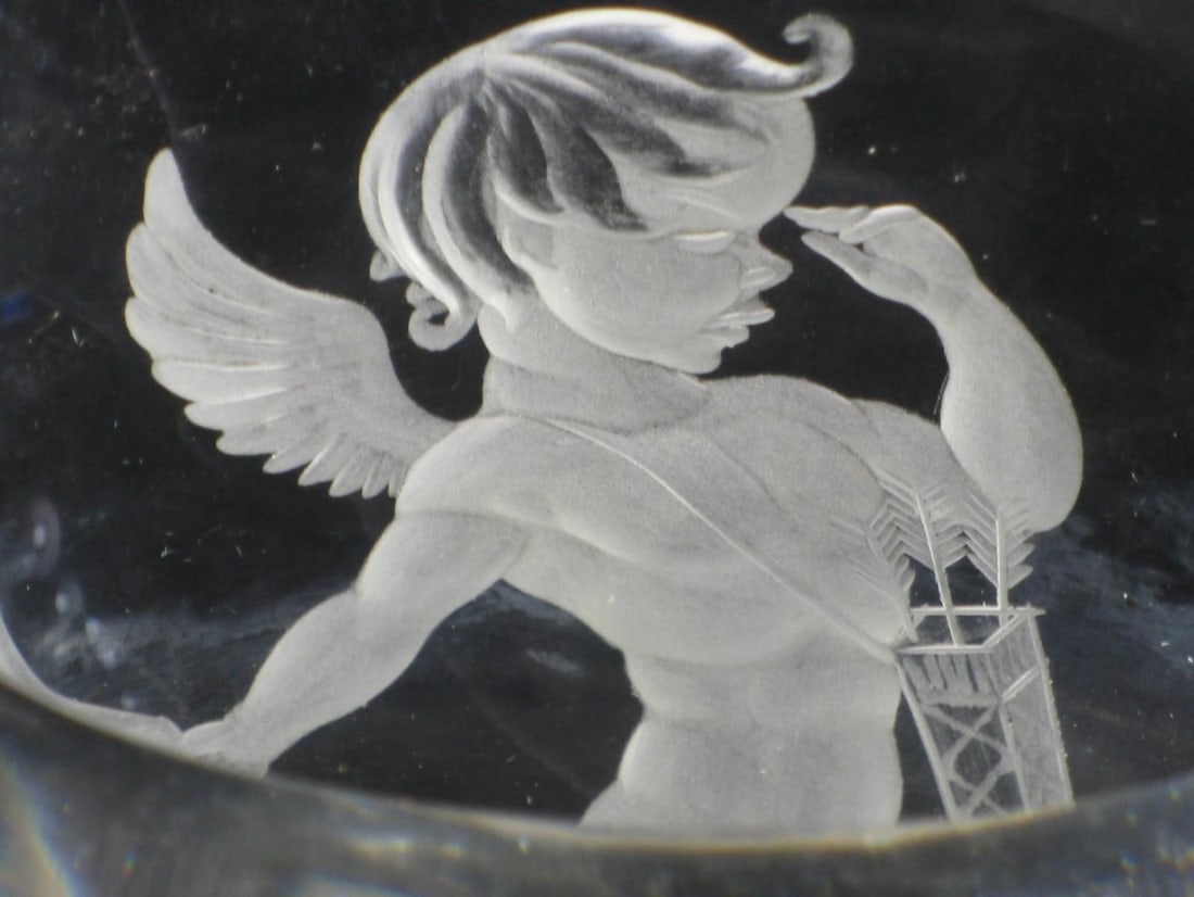 Mid 19th Century Vase Swedish Crystal Cupid Boy, 6" Engraved Naked Cherub, Kjellander Glass - 5