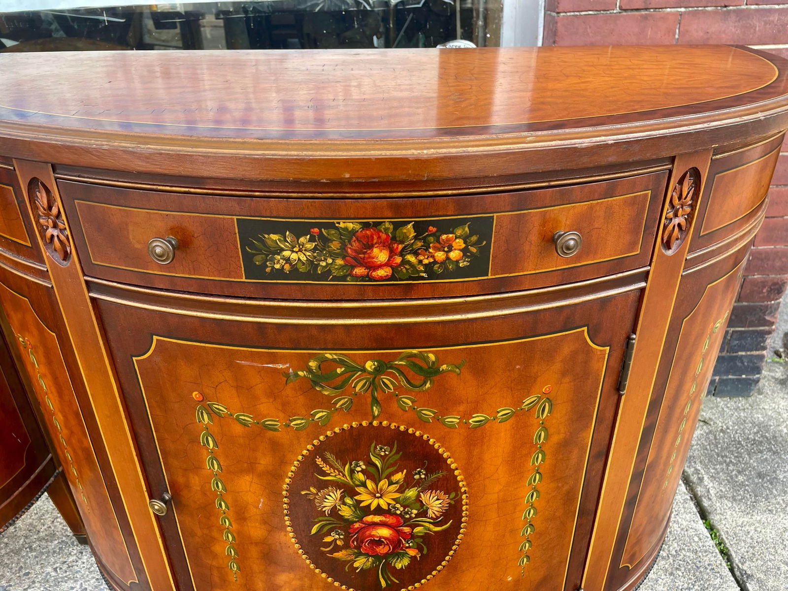 Mid 20th Century Pair of Grand Rapids Imperial Furniture Demilune Adams Style Paint Decorated Cabine - 2