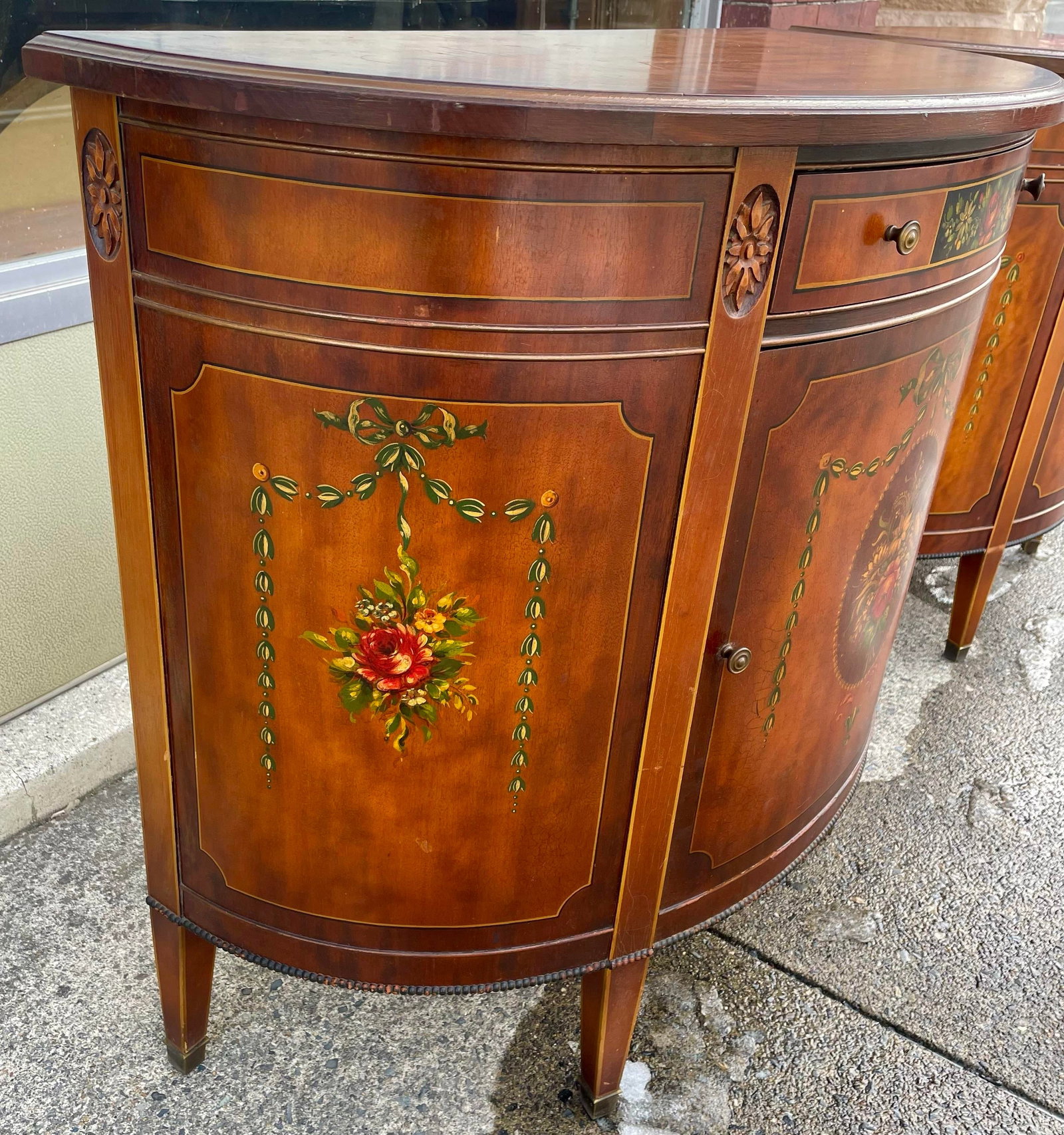 Mid 20th Century Pair of Grand Rapids Imperial Furniture Demilune Adams Style Paint Decorated Cabine - 5