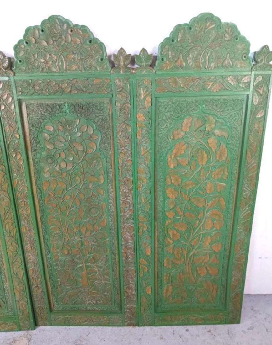 1930s Four Carved Indian Style Wooden Panels in Green - 4