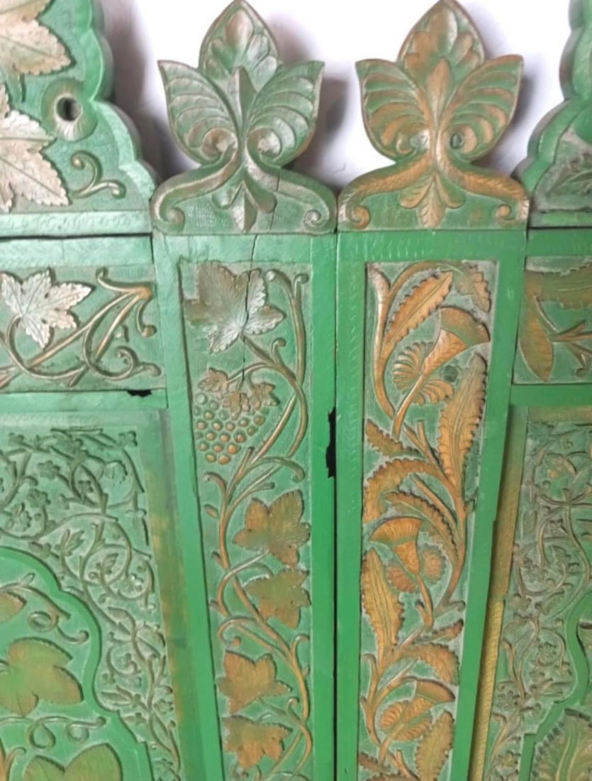 1930s Four Carved Indian Style Wooden Panels in Green - 5