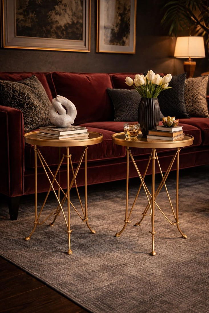 Vintage Hollywood Regency Brass X-Base Tray Side Tables – Sculptural Glam Accent Pair - 2