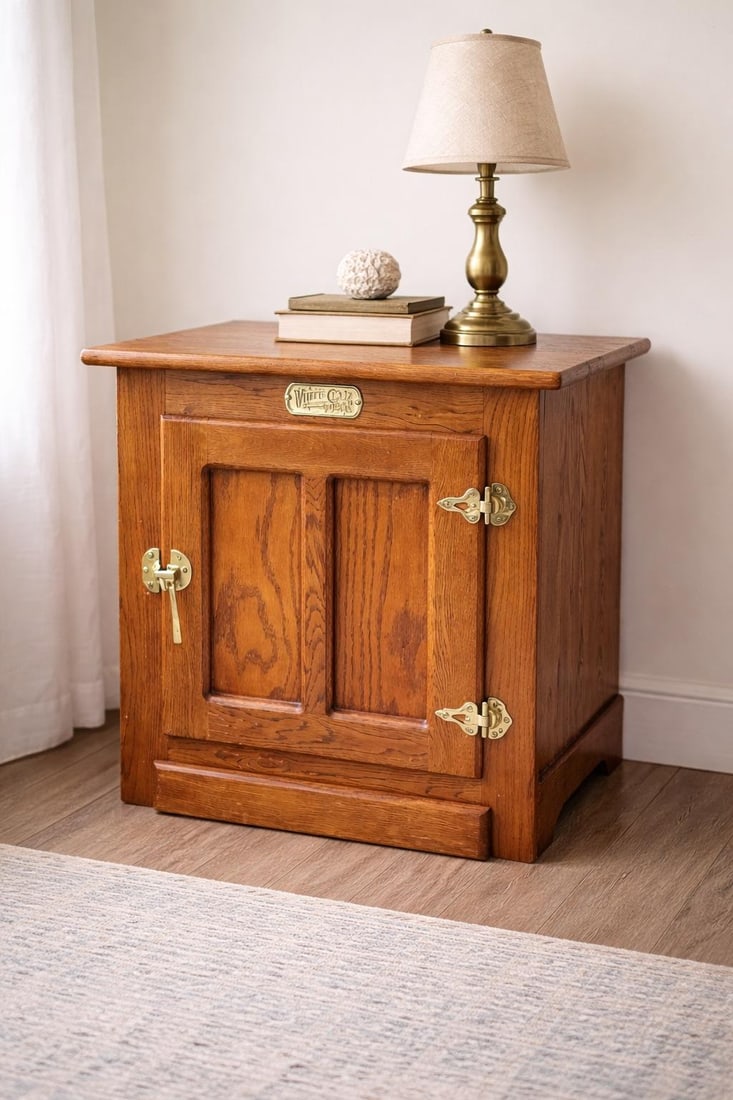 Vintage White Cap "Snooze Island" Oak Icebox-Style Cabinet – Brass Hardware – 22" W - 4