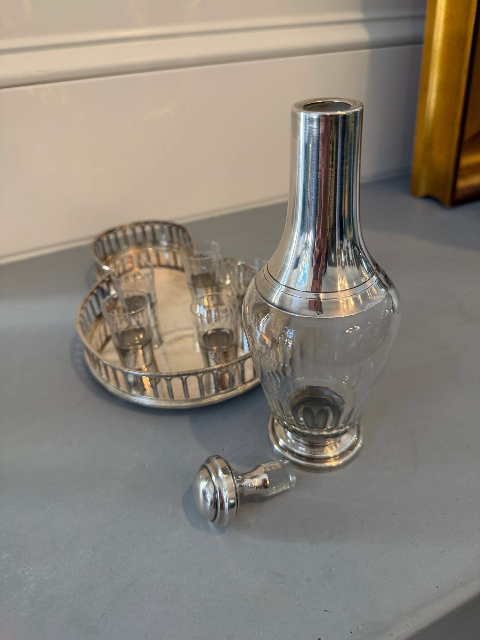 Antique French Sterling Apertif Set With Silver Plate Gallery Tray, 7pc Set - 11