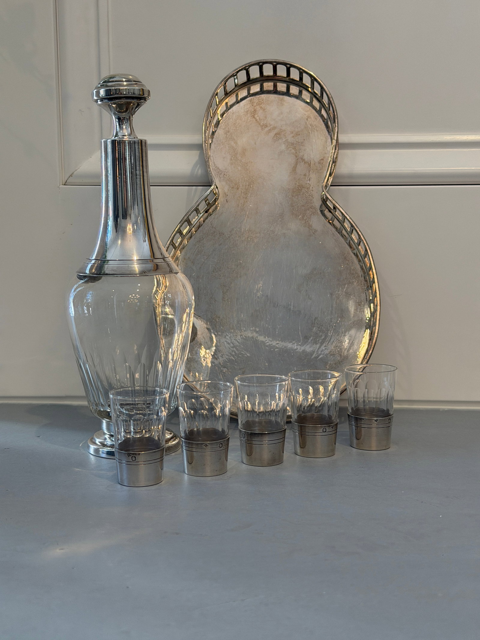 Antique French Sterling Apertif Set With Silver Plate Gallery Tray, 7pc Set - 15