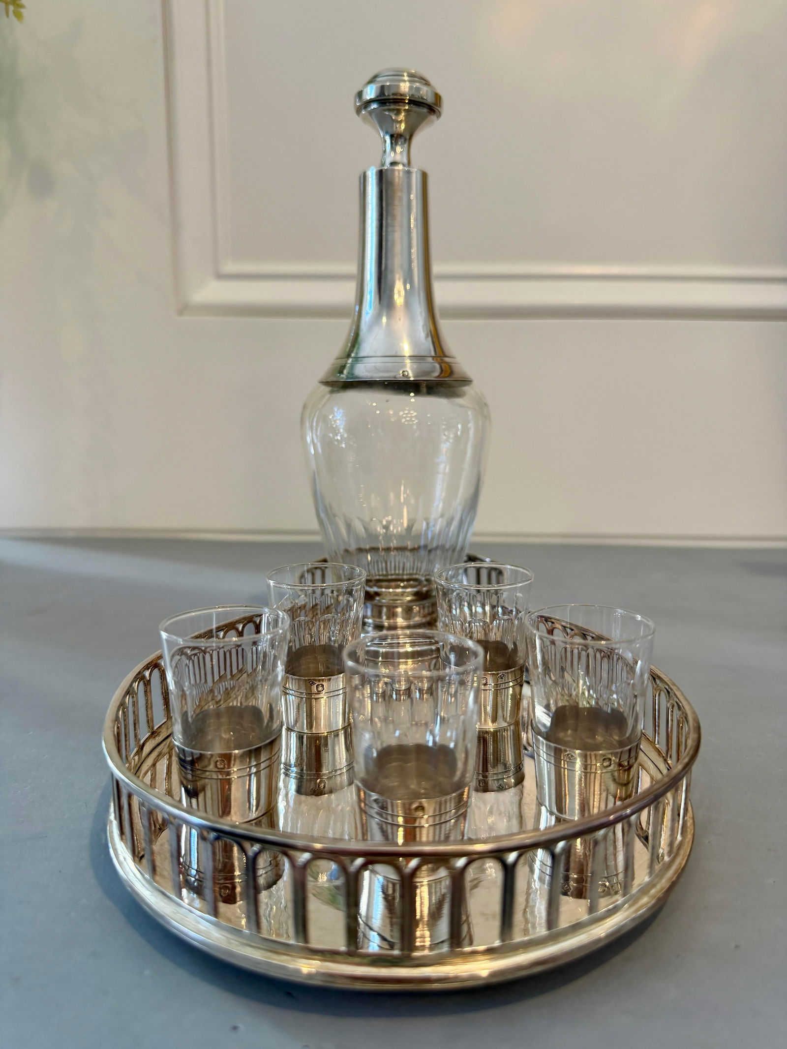 Antique French Sterling Apertif Set With Silver Plate Gallery Tray, 7pc Set - 2