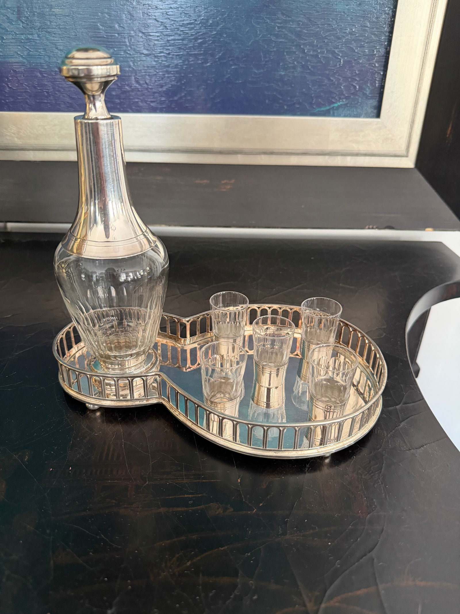 Antique French Sterling Apertif Set With Silver Plate Gallery Tray, 7pc Set - 3