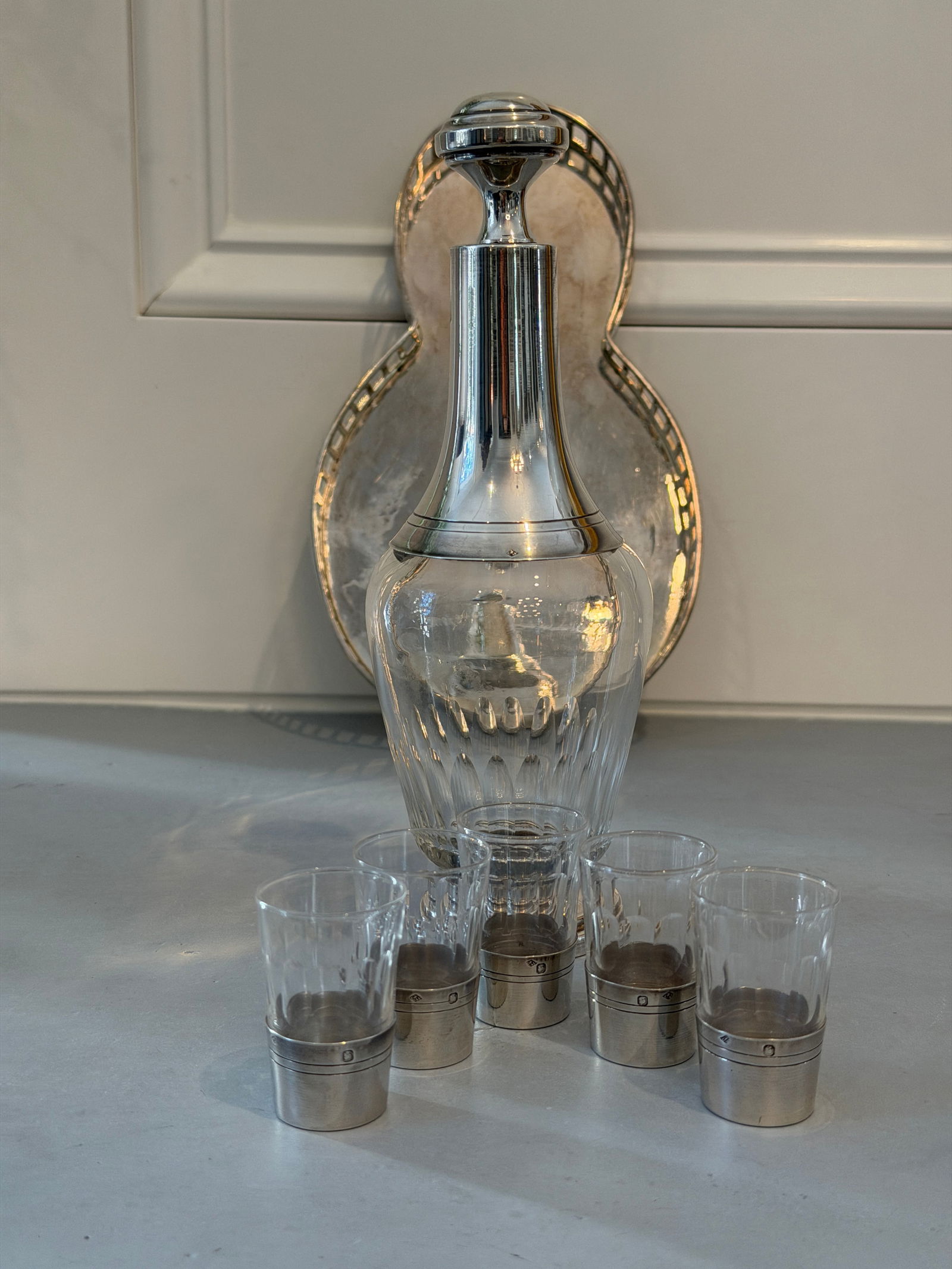 Antique French Sterling Apertif Set With Silver Plate Gallery Tray, 7pc Set - 7