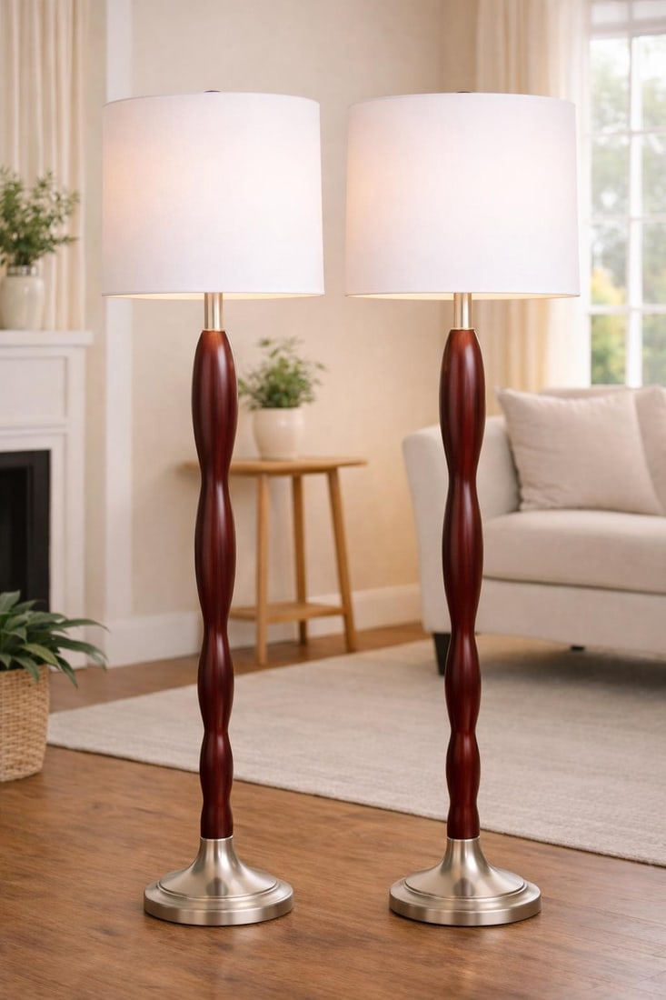 Vintage Sculptural Wood & Brushed Nickel Floor Lamps – Pair - 6