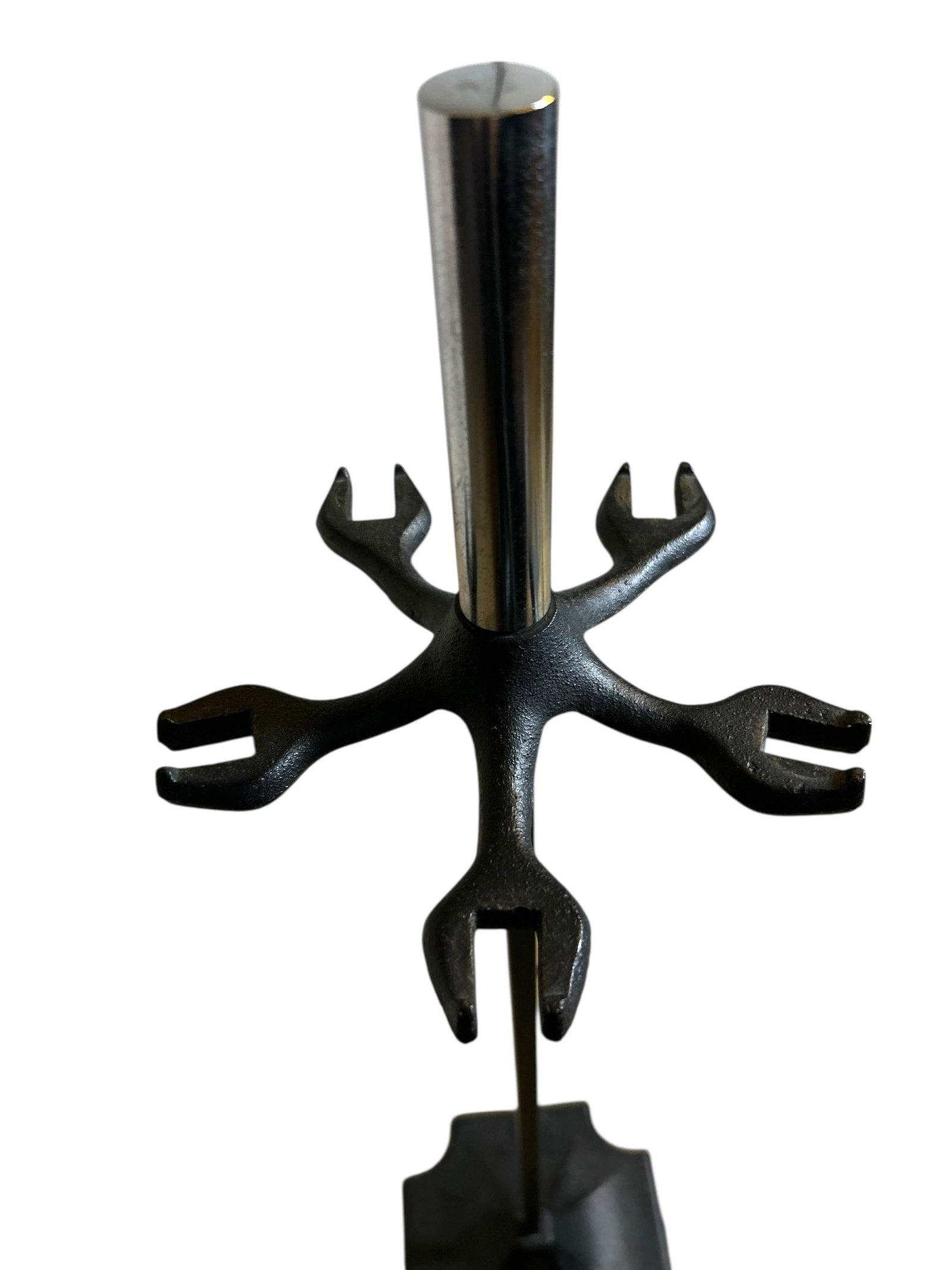 1960s Mid Century Adams Co. Modernist Wrought Iron 5pc Fireplace Tool Set - 8