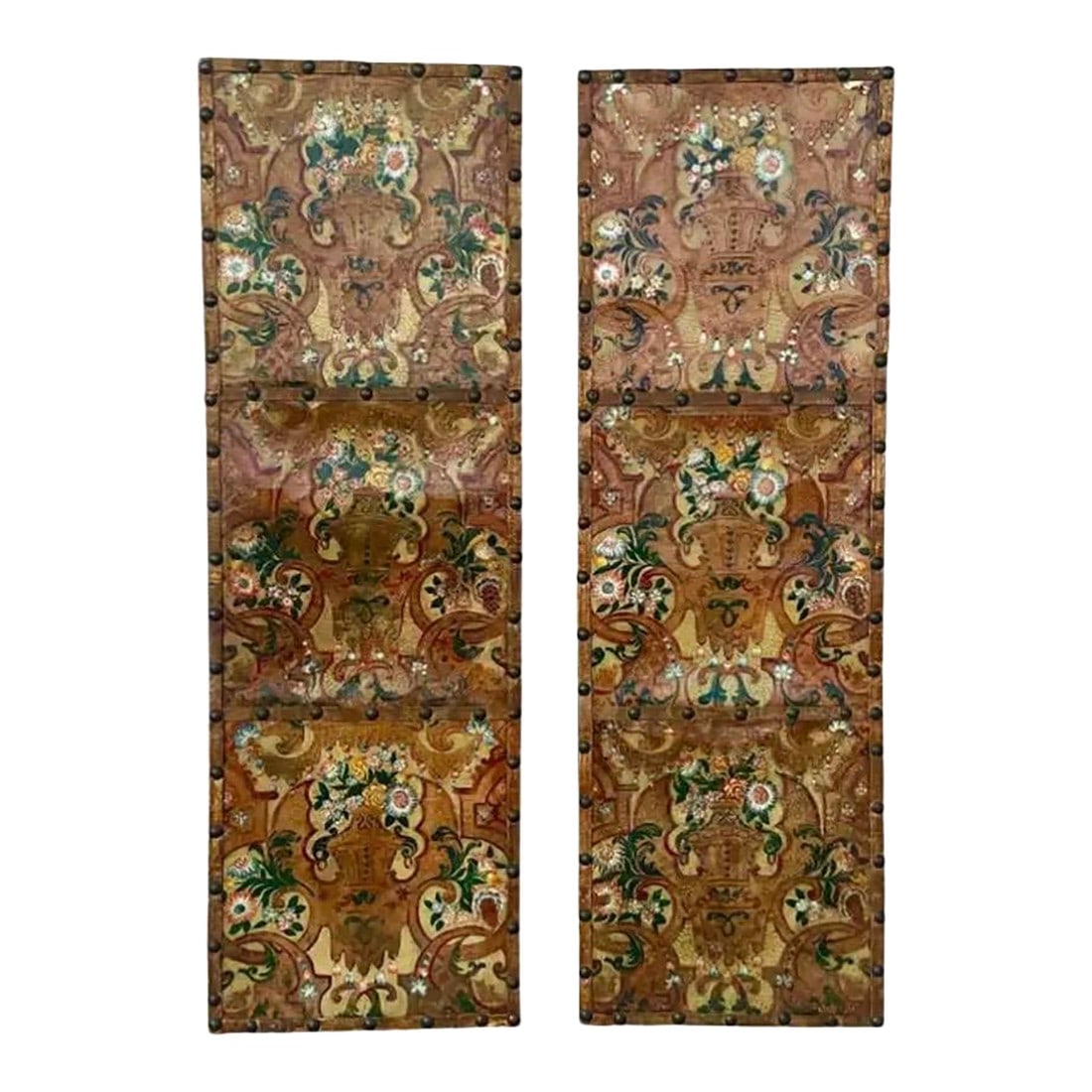 Italian Painted and Tooled Leather Panels a Pair: Large Pair of 18th Century Italian Painted and Tooled Leather Panels. Each rectangular panel features a symmetrical composition centered on a classical urn overflowing with florals, surrounding by scr
