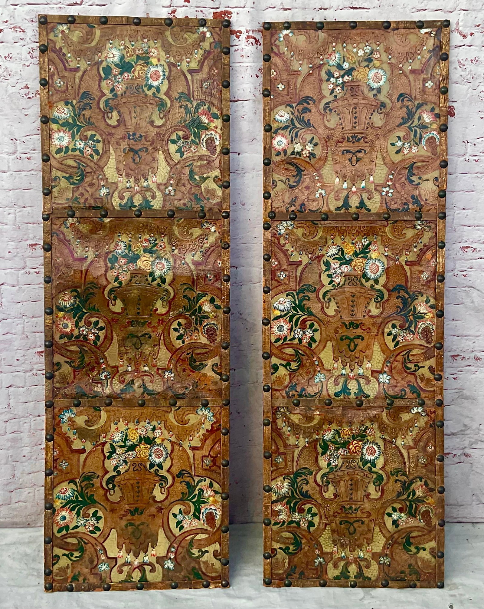 Italian Painted and Tooled Leather Panels a Pair - 2
