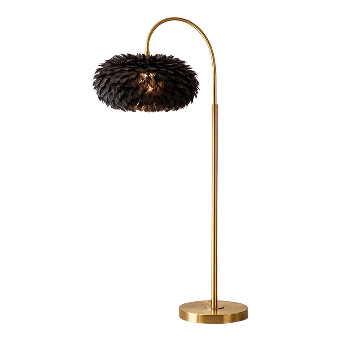 Late 20th Century Dramatic Hollywood Regency Brass Arc Floor Lamp With Black Feather Shade –: A sculptural late 20th century Hollywood Regency–inspired brass arc floor lamp featuring a dramatic black feather globe shade. From a curated private lighting collection, this piece is in except