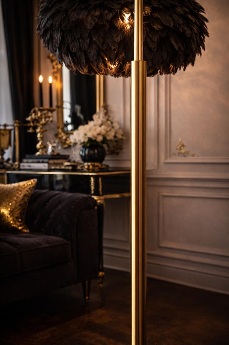 Late 20th Century Dramatic Hollywood Regency Brass Arc Floor Lamp With Black Feather Shade – - 5