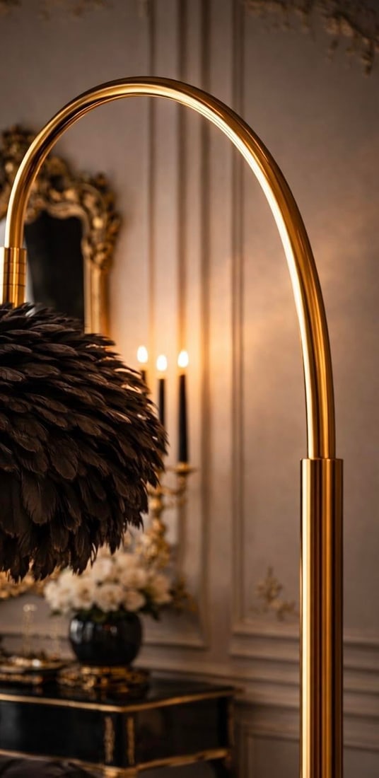 Late 20th Century Dramatic Hollywood Regency Brass Arc Floor Lamp With Black Feather Shade – - 6