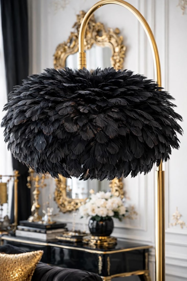 Late 20th Century Dramatic Hollywood Regency Brass Arc Floor Lamp With Black Feather Shade – - 7