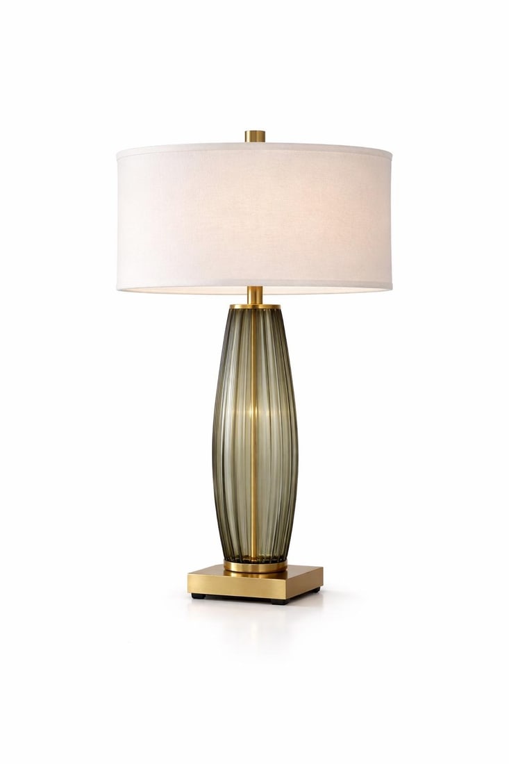 Late 20th Century Extra-Tall Ribbed Smoky Glass & Solid Brass Table Lamps – 31" Designer Scale - 2