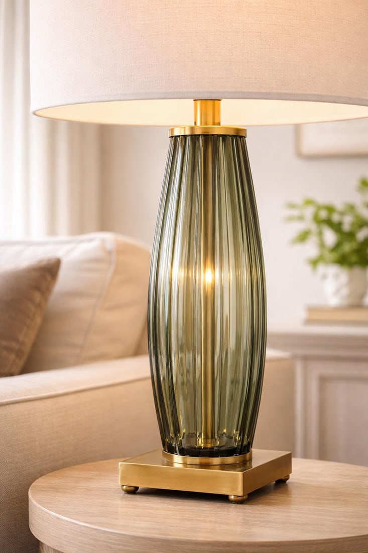Late 20th Century Extra-Tall Ribbed Smoky Glass & Solid Brass Table Lamps – 31" Designer Scale - 3