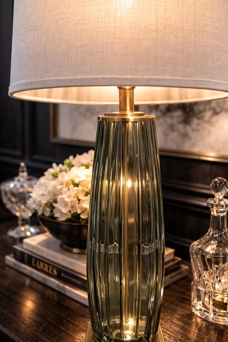 Late 20th Century Extra-Tall Ribbed Smoky Glass & Solid Brass Table Lamps – 31" Designer Scale - 7