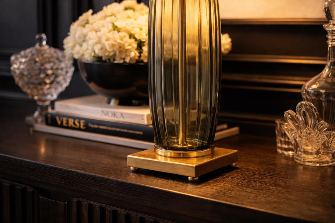 Late 20th Century Extra-Tall Ribbed Smoky Glass & Solid Brass Table Lamps – 31" Designer Scale - 9