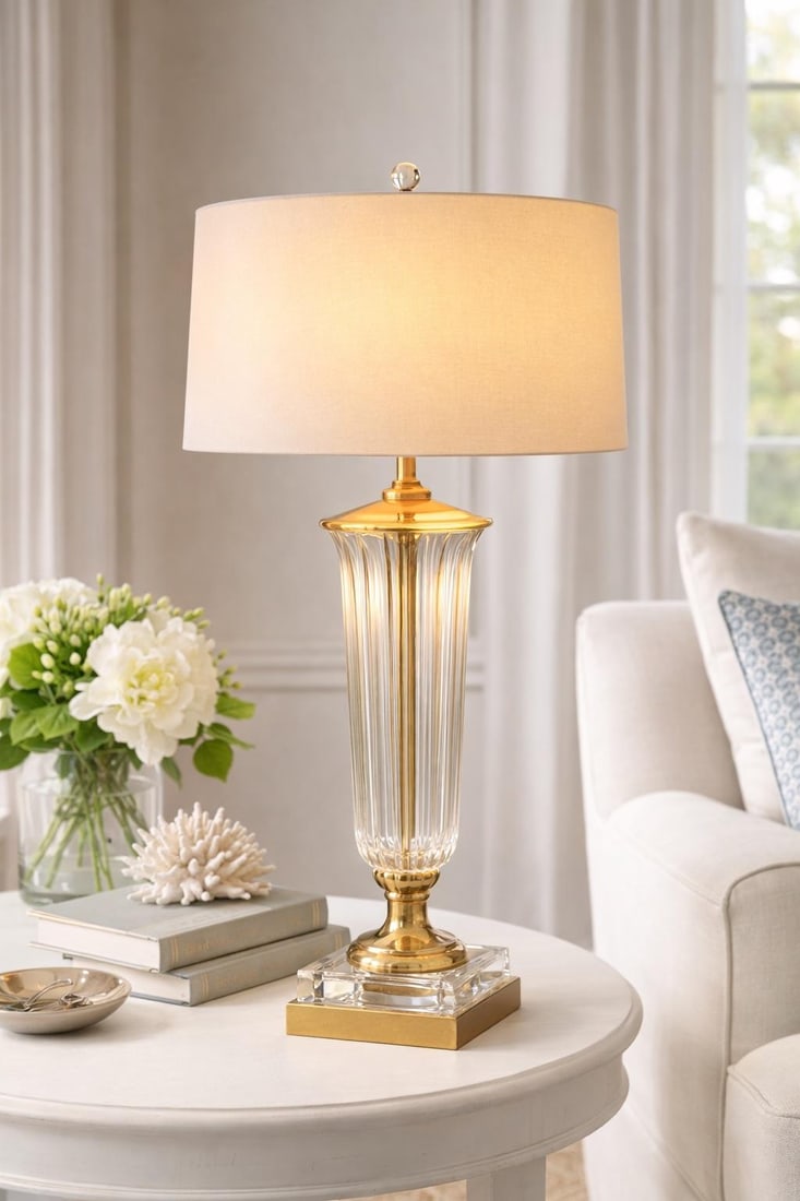 1980s Tall Neoclassical Fluted Crystal Table Lamp With Brass Base – Estate of Linda W., - 2