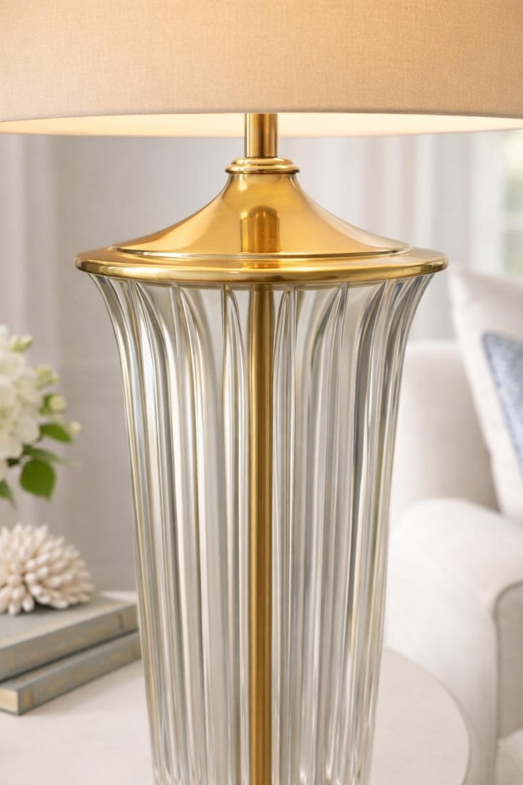 1980s Tall Neoclassical Fluted Crystal Table Lamp With Brass Base – Estate of Linda W., - 3