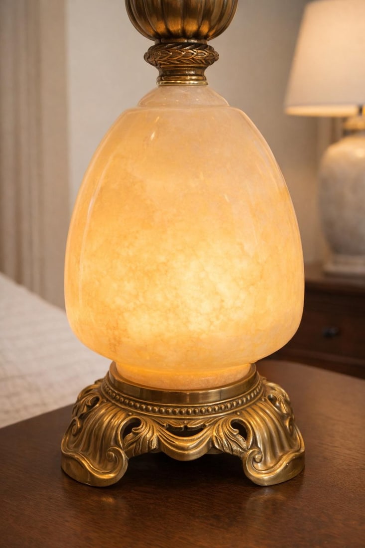 1950s Hollywood Regency Alabaster & Heavy Cast Brass Table Lamps – 35" - a Pair - 3