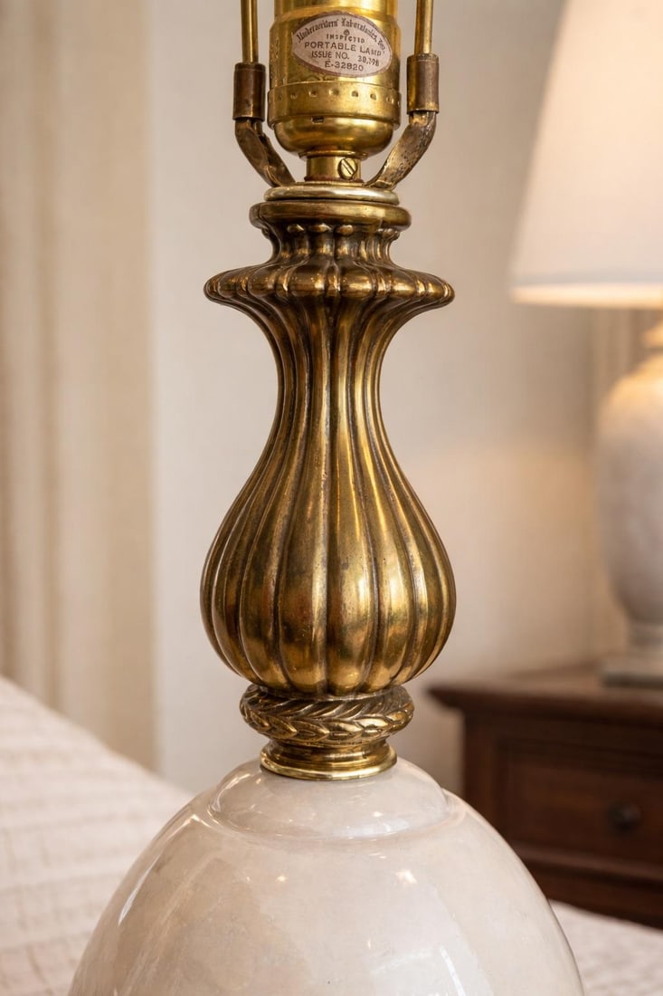 1950s Hollywood Regency Alabaster & Heavy Cast Brass Table Lamps – 35" - a Pair - 6