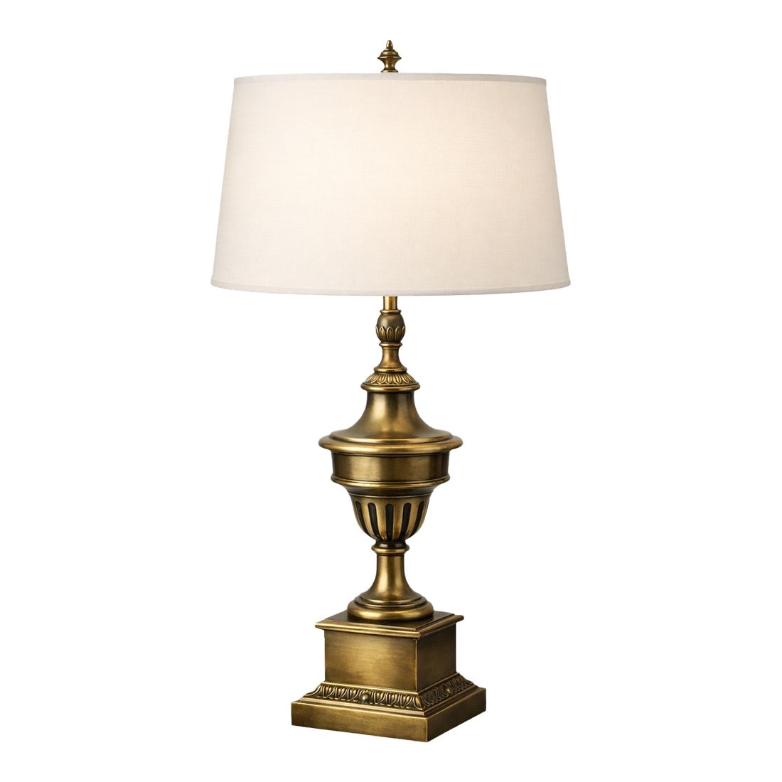 Stiffel Solid Brass Neoclassical Table Lamp With New 17" Drum Shade – 34" Tall: Heavy solid brass Stiffel table lamp with architectural square base and new 17" drum shade. 34" tall. Three-way socket. Estate sourced. â¸» Full Description: A substantial and beautiful
