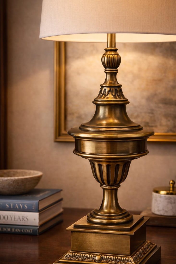 Stiffel Solid Brass Neoclassical Table Lamp With New 17" Drum Shade – 34" Tall - 2