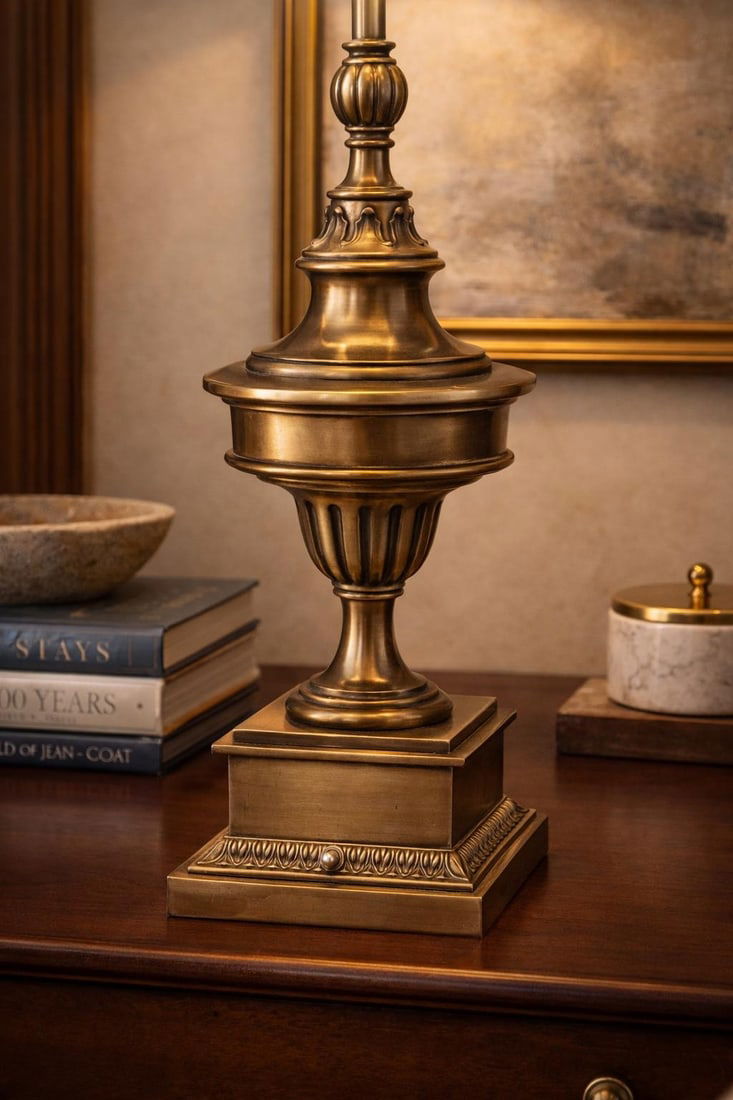 Stiffel Solid Brass Neoclassical Table Lamp With New 17" Drum Shade – 34" Tall - 4