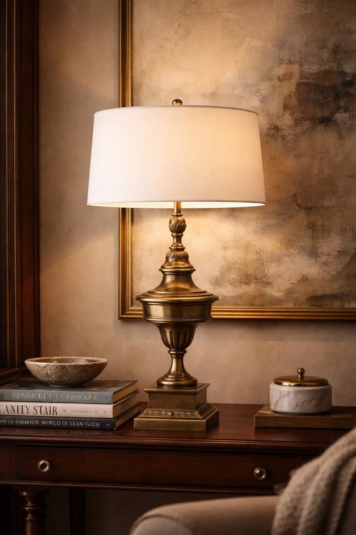 Stiffel Solid Brass Neoclassical Table Lamp With New 17" Drum Shade – 34" Tall - 5