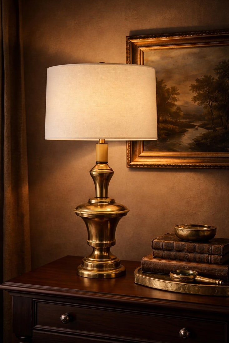 Vintage Solid Brass 3-Level Touch Table Lamp With Drum Shade, Circa 1980s - 2