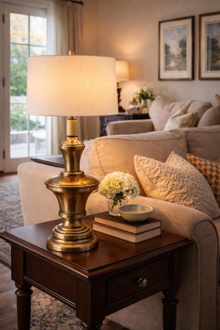 Vintage Solid Brass 3-Level Touch Table Lamp With Drum Shade, Circa 1980s - 7