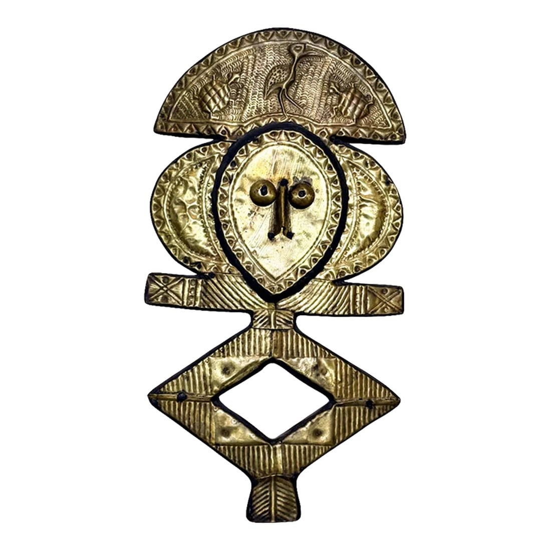 Vintage Kota Reliquary Guardian Figure, Brass on Wood, African Tribal Art From Gabon Style: Evoking the enigmatic guardians of Gabon's ancient rituals, this Kota reliquary figure stands as a sentinel of ancestral spirits, its abstract form a mesmerizing blend of geometric power and symbolic