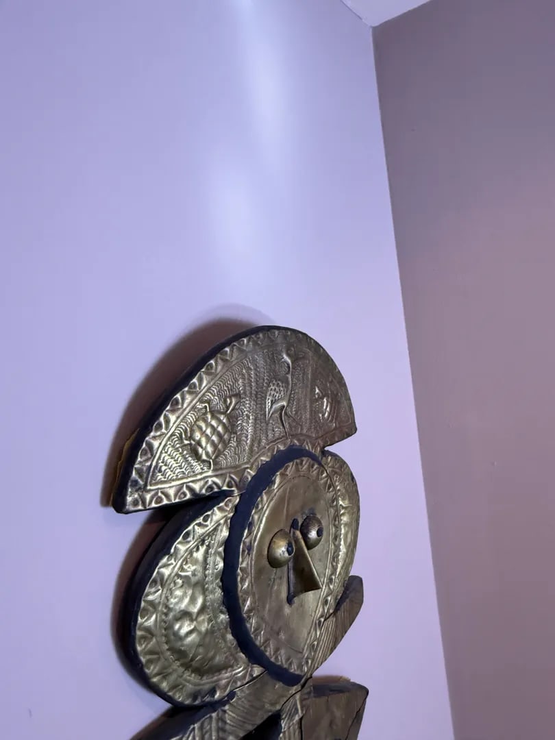 Vintage Kota Reliquary Guardian Figure, Brass on Wood, African Tribal Art From Gabon Style - 2