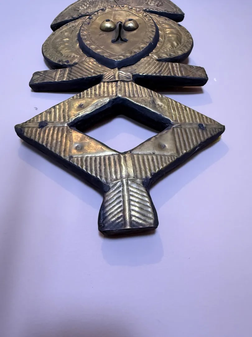 Vintage Kota Reliquary Guardian Figure, Brass on Wood, African Tribal Art From Gabon Style - 3