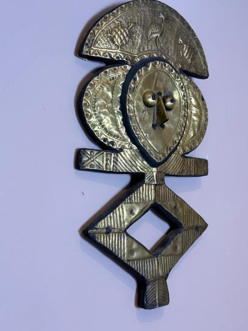 Vintage Kota Reliquary Guardian Figure, Brass on Wood, African Tribal Art From Gabon Style - 5