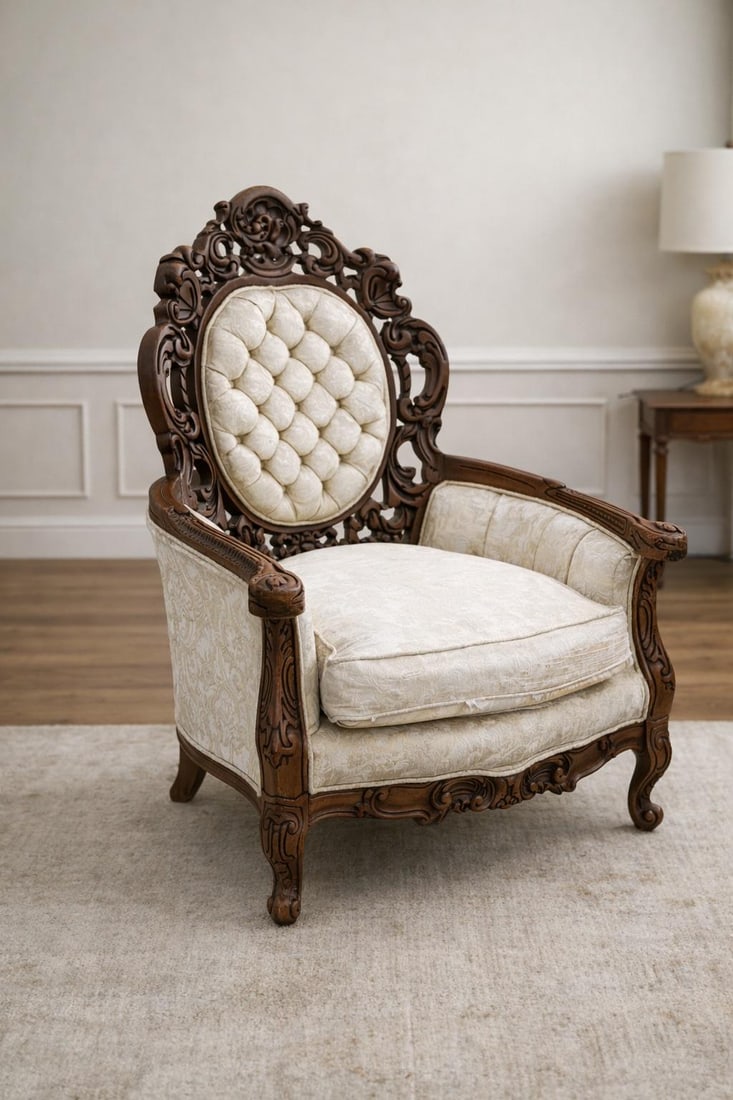 Antique Victorian Rococo Carved Walnut Armchair – Reupholstery-Ready Designer Frame - 3