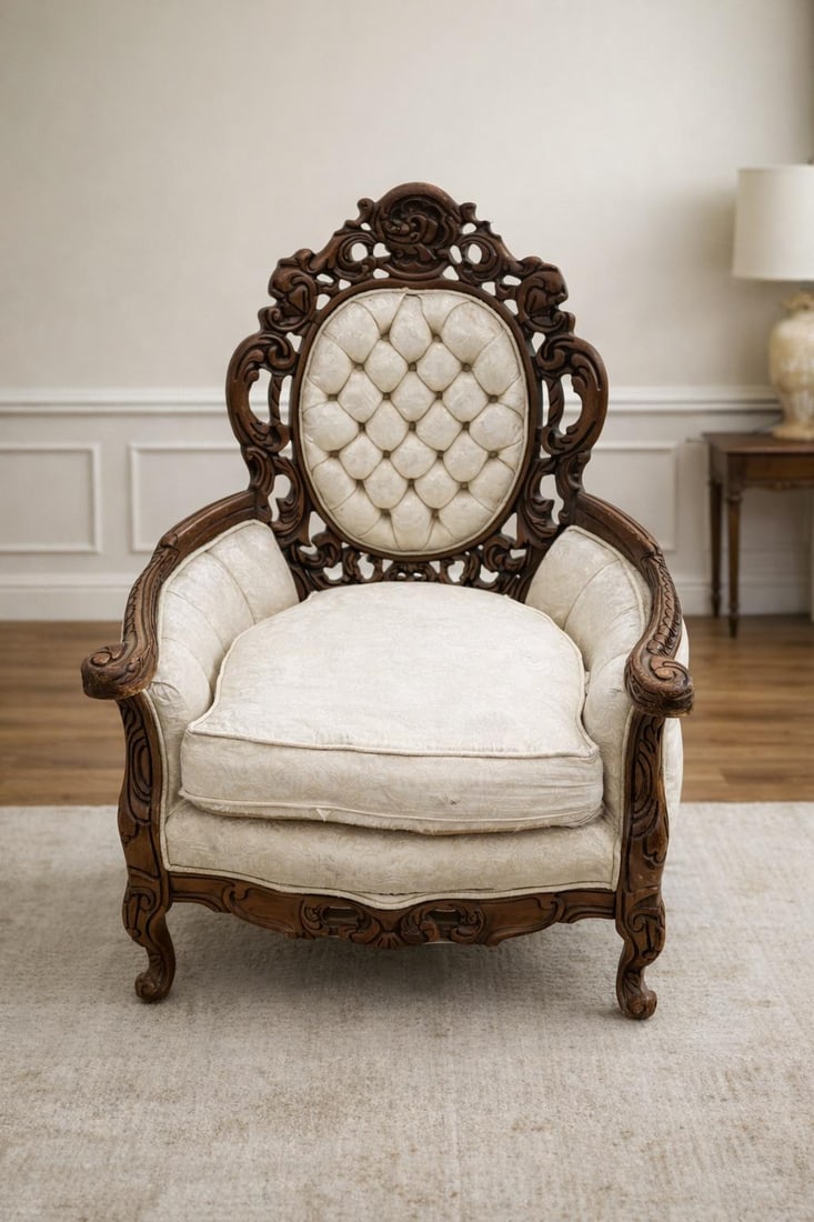 Antique Victorian Rococo Carved Walnut Armchair – Reupholstery-Ready Designer Frame - 8
